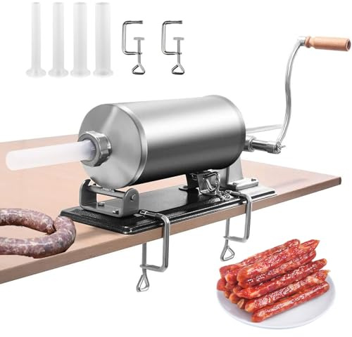 Korvfyllare, korvstoppningsmaskin, rostfritt stål, korvmaskin, manuell, med 4 x fyllningsrör och bordklämma, sugpropp för hemmagjord, 3 L/3 kg kapacitet