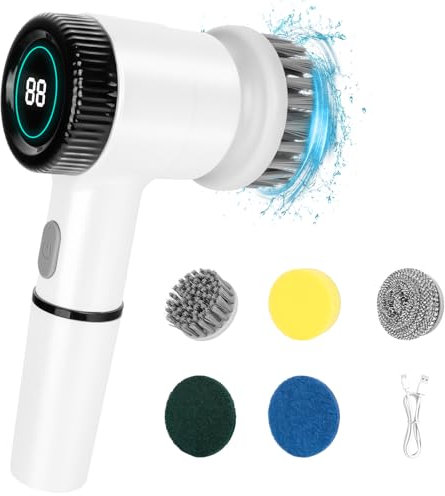 Elektrische Reinigungsbürste, Spin Scrubber für Bad, Fugenreiniger Elektrisch, Electric Cleaning Brush mit Led Anzeige, 4 Bürstenkopf for für Haushalt, Fliesen, Küche und Reifen