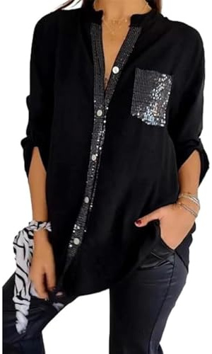Algodón con Cuello En V Lentejuelas De Manga Media Casual Top,Glitter Lentejuelas De Manga Corta, Casual tee Shirt Top para Mujeres, 3/4 De Manga Corta Mujeres Botón Blusa Tops