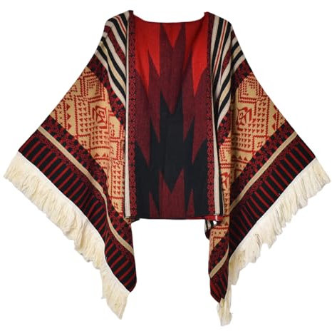 Iris Sprite Damen Pullover Poncho Ethno Stil Poncho für Frauen Quasten Strickschals und Wraps Capes, weinrot, Einheitsgröße