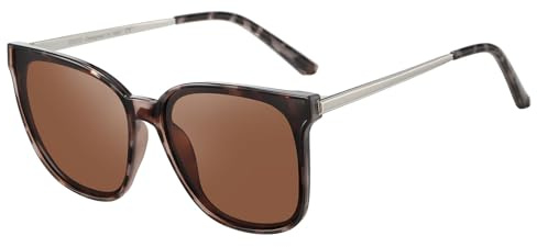DUCO Sonnenbrille für Damen Polarisiert Sonnenbrille mit UV400 Schutz Vintage Klassisch Runde Metall Rahmen Leichtgewicht Übergroß Sonnenbrillen W016 (16- Grey Tortoise Frame Brown Lens)