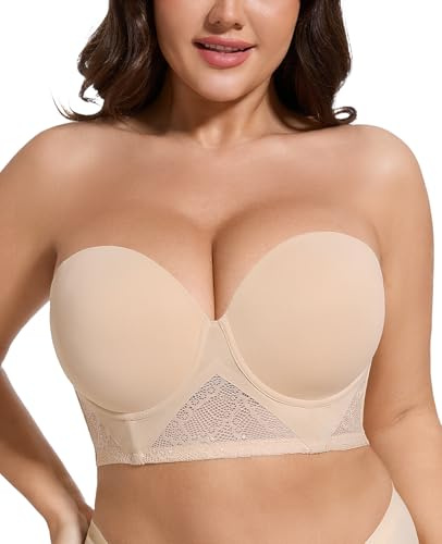 HWDI Reggiseno Senza Spalline Lungo per Le Donne Convertibile Multiway Corsetto in Pizzo Sollevamento Reggiseni con Ferretto Taglie Forti, Reggiseno Beige, 7D