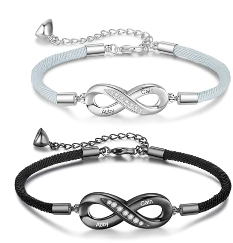 RolaOnly Bracelets couple personnalisés avec gravure Noms Bracelet couple Amoureux pour 2 bracelets de partenaire assortis à l'infini Cadeaux pour petit ami petite amie Saint Valentin (Style 9)