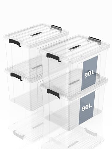 SpaceXpert Cajas de Almacenamiento de Plástico con Tapa y Asa 90L, Contenedor Apilable Resistente para Hogar, Oficina y Garaje, Fácil Transporte, Transparente Polipropileno, 90L (Paquete de 4)