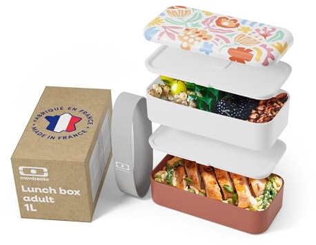 monbento - Bento Box Adult Original Graphic Papercut Made in France - 2 Leakproof Compartments - Stackable Lunch Box Perfect for Work/Picnic/Sports - BPA Free Containers for Food - Flower Patterns