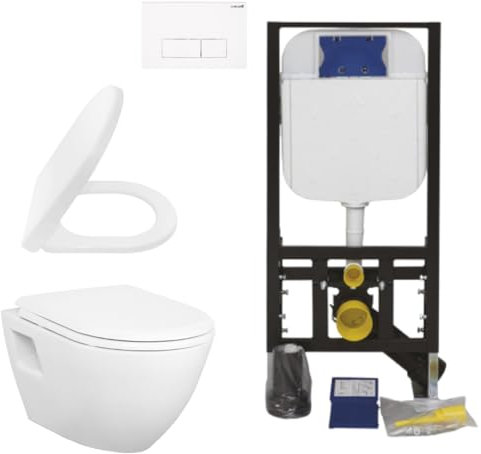 Creavit Set WC sospeso bianco in ceramica da parete WC con sedile soft close e elemento a incasso, 3/6 l, set completo