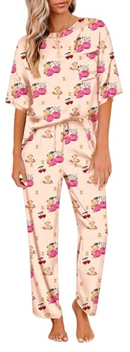 Ekouaer Women's Sleepwear Soft Short Sleeve Pyjama Satin Set Short Sleeve Shirt with Long Pajama Pant Pajamas for Women uk, Teddy Bear, XXL