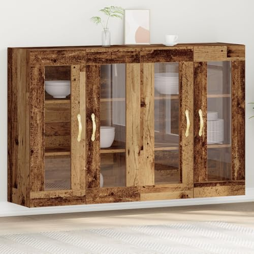 Gecheer Armadi da Parete, 4 Ante in Vetro con Ripiani Regolabili, Legno Multistrato Colore Legno Vecchio, 69,5 x 34 x 90 cm, per Soggiorno