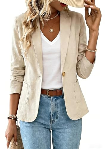 IDEALSANXUN Linen Blazer Women 2025 Spring Summer Casual Lightweight Jackets Business Casual Outfits Office Work Dressy Blazers, Beige, S