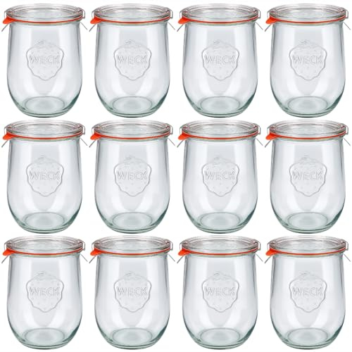 Flaschenland - 12x WECK 1000ml Tulpenglas, Einmachglas Komplett-Set inkl. Deckel, Klammern und Gummidichtung | Ideal als Vorratsglas, Marmeladenglas, Konservenglas oder Dessertglas | Made in Germany