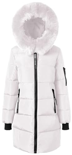 Flodxo Manteau d'hiver long pour femme - Doudoune rembourrée en duvet avec capuche en fausse fourrure - Chaud, décontracté et épais - Parka coupe-vent avec fermeture éclair intégrale, blanc, XL