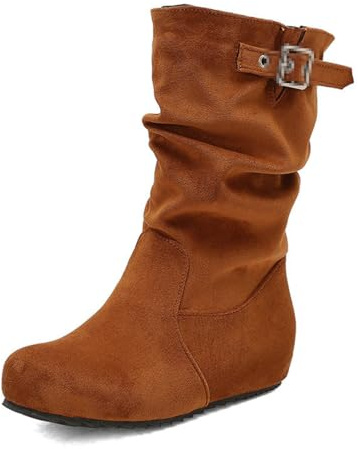 Générique Bottes Western Femme en Daim, Modèle Cheville à Talon Compensé et Tige Large à Enfiler pour Un Style Cowboy Confortable,Marron,39 EU