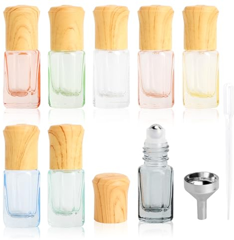 XRVRILE 8 stycken rulle på flaskor för eteriska oljor, 3 ml glasflaskor med träkorn lock, tratt och droppare, rulle på flaska tom för eteriska oljor gör-det-själv parfym