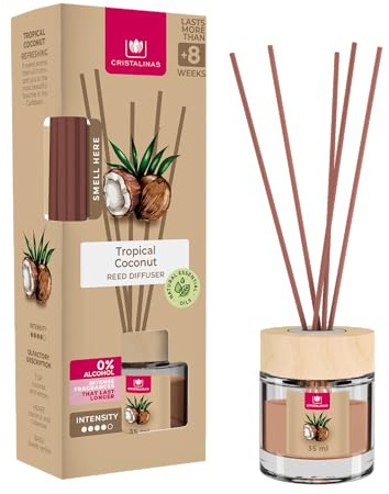 Cristalinas 35ml Tropical Coconut Air Fresheners - Reed Diffuser Home Fragrance Lasts upto 8 weeks - Room Diffuser Sticks with Coloured Fragrance Oil