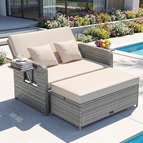 GIANTEX Set Divano da Esterno con Letto da Giorno 2 Pezzi, Divano a Due Posti in Rattan PE con Pouf Contenitore, Schienale Regolabile, Tavolini Laterali Richiudibili (Marrone)