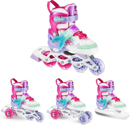 Set 4in1 Inliner Rollschuhe Triskates Schlittschuhe VERSTELLBAR mit LED Rollen für Kinder und Mädchen Inlineskates umbaubar zu Rollerskates Meerjungfrau Größen: 31-34, 35-38 (35-38)
