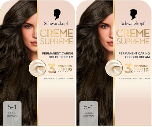 Schwarzkopf Creme Supreme 5-1 Cool Brown, Permanent Hair Dye, Caring Hair Dye Colouration with 3-Step Bonding System Against Damage, 100% Grey Coverage (Pack of 2)