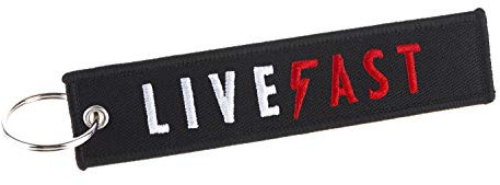 LIFE FAST – beidseitig besticktes Schlüsselband, Schlüsselanhänger in Schwarz, Rot und Weiß für z.B. Biker und Bikerinnen, Motoradfans, Rennfahrer, Lebensfreunde, Überflieger + Geschwindigkeitsfreaks!