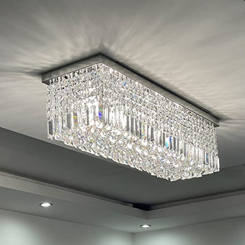 A1A9 Modern Crystal Chandelier Lights Luxury Rectangle Raindrop Elegant Ceiling Light Chrome Flush Mount LED Pendant Lighting Fixture for Livingroom, Dining Room, Foyer, Stairway, Lounge, Bar, Club