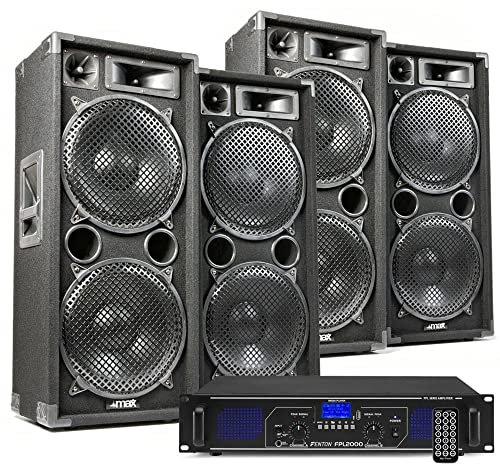 MAX DJ Lautsprecher Set, Mobile PA Anlage Komplettset, 5600 Watt, DJ Set Komplett, 4X MAX212 Lautsprecher DJ Boxen 8 Ohm, 1x Fenton FPL2000 Verstärker, 4Ohm, BT MP3, PA System, DJ Anlage für Beginner