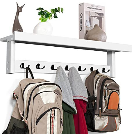 GOPLUS Wandgarderobe mit 7 Doppelhacken und Ablage, Wandregal aus Kautschukholz, Hängegarderobe, Wandmontiertes Hängeregal für Flur Schlafzimmer Wohnzimmer (Weiß)