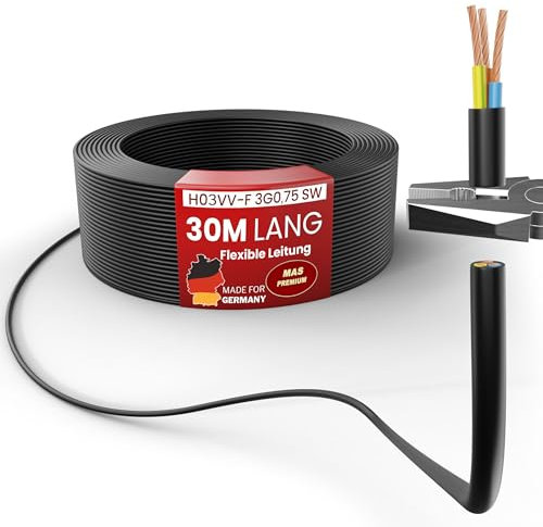 MAS Premium Von 5 bis 100m Kunststoffschlauchleitung H03VV-F 2X0,5, 2X0,75, 3G0,75 oder 4G0,75 Flexible Leitung Kabel Gerätekabel (H03VV-F 3G0,75 SW, 30m)