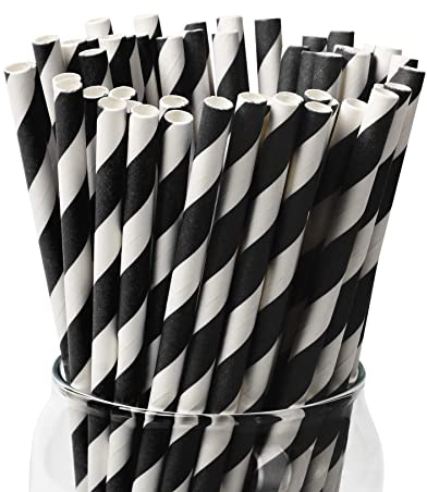 PakTalk [100 Pack] Biodegradable Black & White Stripe Paper Straws for Birthdays, Weddings, Baby Showers, Halloween & Christmas Party Supplies (0.24 x 7.75)