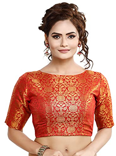 Madhu Fashion Womens Traditional Benaras Brocade Readymade Stitched Saree Blouse (44, Red)