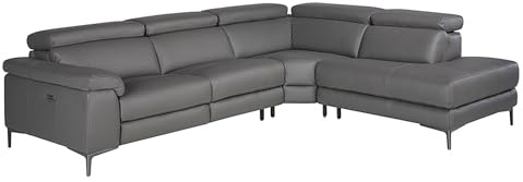 Ángel Cerdá - Divano Ad Angolo Destro Rivestito In Pelle Grigia - Divano Ad Angolo Da Soggiorno Con Poggiatesta Regolabili - Divano Chaise Longue Moderno - Gambe In Acciaio Nero - 295 X 232 X 97 cm