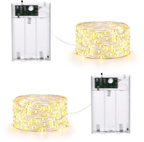 Qedertek 2 Piezas Luces de Navidad, 5M 50 LED Guirnalda de Luces con Pilas, 2 Modos, Cadena de Luces de Alambre de Plata, Luz Blanco Calido para Decoración Interior, Bodas Fiesta Arbol de Navidad
