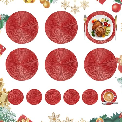 Homcomodar Christmas Red Table Place Mats and Coasters Set of 6 Round Placemats with Coasters Heat Resistant Placemats Washable Braided Dining Table Mats for Christmas Holiday Kitchen Dinner Decor