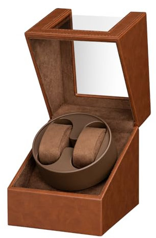 LINGFANSTORE Boîte de remontoir automatique de luxe avec moteur Mabuchi silencieux, fonctionnement sur piles ou bloc d'alimentation en cuir synthétique (noir), Marron-135f