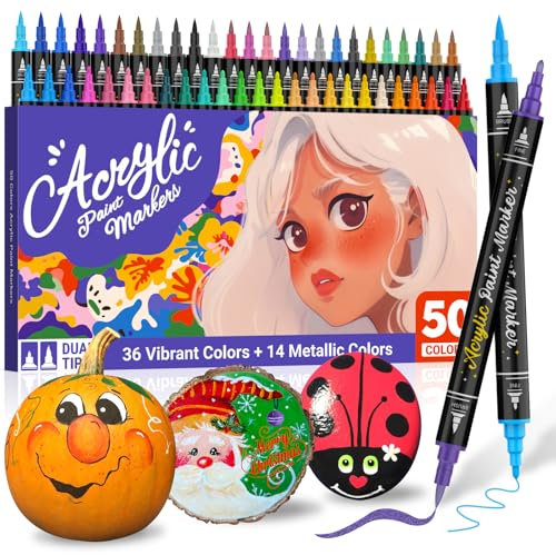 Acrylstifte für Steine Bemalen Wasserfest, 50 Farben Pinsel & Fein Acrylfarben Set Stifte, Acrylmarker Spülmaschinenfest, Acrylic Paint Marker Acrylmalstifte für Glas, Keramik, Holz, Leinwand, Metall