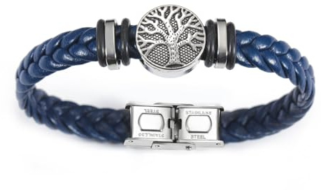 Dreamtimes Yggdrasil Pulsera de cuero trenzado con árbol de la vida para hombre pulsera religiosa de acero inoxidable vikinga joyería para el día del padre (Azul)