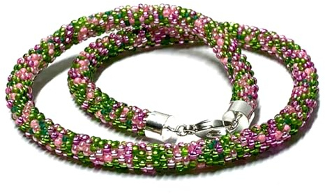 Halskette gehäkelt Glasperlen 925 Silber Schließe Handarbeit Unikatschmuck Häkelkette 46cm grün pink