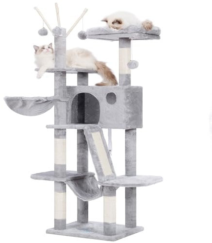 Hey-Brother Kratzbaum, 135 cm Indoor Katzenbaum, Mit gepolsterter Plattform Bett, Spielzeug Ball, Höhlen, Hängematte und Sisal Kratzbaum Katzenhaus, Hellgrau MPJ019-SW