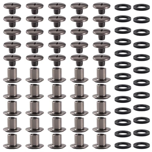 YIXISI 25 Set M5x6mm Chicago Binding Screws Assorted Kit, Kit Bindande Skruvstolpar, Lädernitsats, för Gör-Det-Själv-Läderdekoration Bokbindning, Svart Nickel