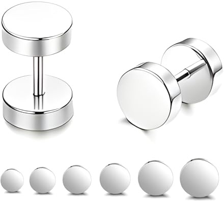 Uwiyo 6 Paires Boucles d'Oreilles pour Homme, Boucles d'Oreilles Noir Argent Acier Inoxydable Haltère Barbell Boucles d'Oreilles Hypoallergénique Faux Plug pour Hommes Femmes, 3-8mm (Argent)