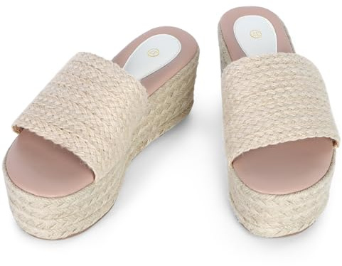 Ynport Crefreak Damen Plateau-Keilabsatz-Sandalen – Schlupf-Espadrille-Flatform-Mules mit offener Spitze, Bohemian-Stil, Jute- und Raffia-Design für Strand und lässigen Alltag, Aprikose, EU 39