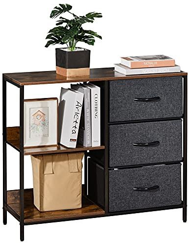 HOMCOM Kommode Aufbewahrungsschrank mit 3 Stoff-Schubladen, 2 offenen Regal, Kommodenschrank mit Metallrahmen für Schlafzimmer, Wohnzimmer Braun
