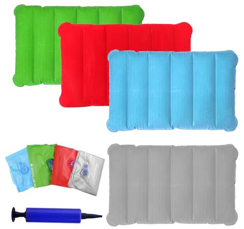 Kozdtiz Aufblasbares Kissen, 4 Stück Luftkissen Kopfkissen, Sitzkissen Aufblasbar,Reisekissen für Auto für Camping und Reisen aus Weichem Material Rot, Fruchtgrün, Hellblau, Grau 47 x 30 cm