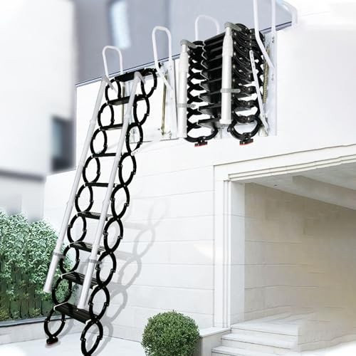Wall-Mounted Folding Stairs, Folding Loft Staircase with Handrails,Telescoping Attic Ladder with Pull Down System, 11 Steps Attic Stairs, Home Indoor Outdoor Attic (Black, 8.8-9.1ft)