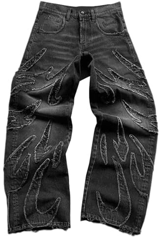 Jeans Baggy Y2k pour Hommes Grunge Vintage à Coupe Décontractée Skateboard Amples Hip Hop Brodés Pantalons en Denim pour la Danse(Black,Large)