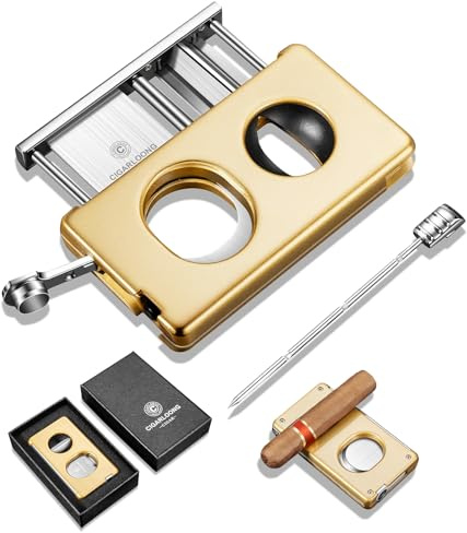CIGARLOONG Tagliasigari 5 in 1, a ghigliottina, taglio dritto, taglierina a V, perforatrice per sigari e potenziatore di disegno, in acciaio inox, doppia lama, idea regalo per uomo (giallo)