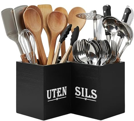 Porta Cubiertos Extra Grande, 24x24x16cm, Bote Utensilios Cocina con 3 Compartimentos, Kitchen Organizer, Soporte Organizador de Utensilios de Madera para 30-40, Encimera de Cocina Decoración Rústica