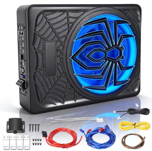 WODHMIEY Subwoofer bil, aktiv under sätet, 10 tum, 1250 W, ultratunn basbox, woofer-högtalare med förstärkare, bil, ljud, fordon, ljudsystem, bil, lastbil, SUV, RGB, ultratunn, hög låg