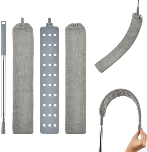 POUMUE 2.2m Plumero Telescopico Extensible con Barra Telescópica de Acero Inoxidable, Plumero Atrapapolvo con 2 Capuchas Lavable, Plumero Atrapapolvo Microfibra para Debajo del Sofá Cama,Muebles,Piso