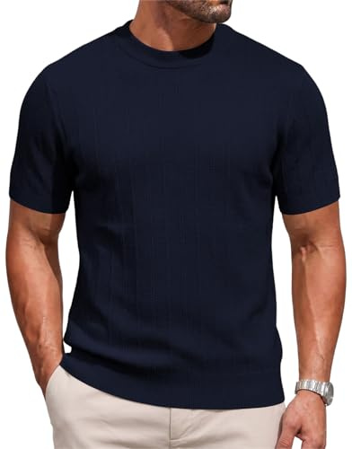 Focixfor Mens Knitted T Shirt Short Sleeve Summer Crew Neck Striped Ribbed Casual Golf UK Shirts Navy Blue M