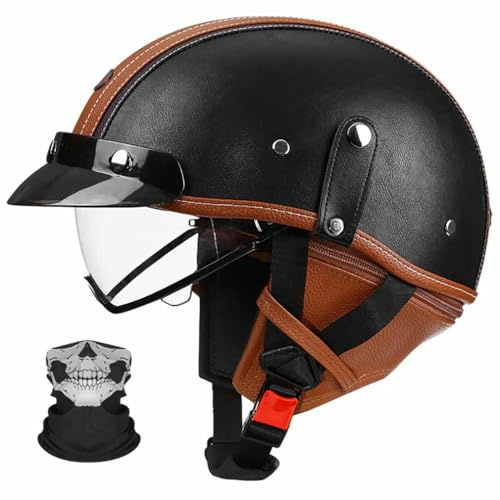 BCYBD Casque Moto Jet Demi-Casque Vintage Homologué ECE 22.06 | avec Visière Rétractable et Masque,Coque ABS Cuir,pour Homme Femme,M-2XL (57-64 cm)
