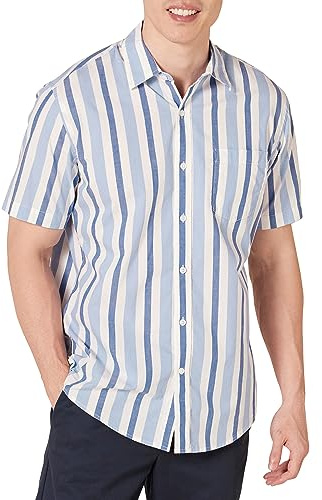 Amazon Essentials Men's Regular-Fit Short-Sleeve Poplin Shirt, Blue White Stripes, XL